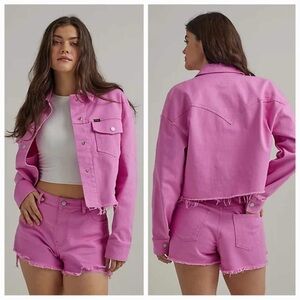 Wrangler Western Pink Raw Hem Cropped Denim Jacket